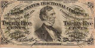   NOTE RARE 1863 FRACTIONAL CIVIL WAR 25 CENTS CURRENCY HIGHGRADE  
