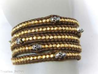 Chan Luu Mixed Skull Gold Nugget Leather Wrap Bracelet  