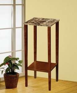 Contemporary Cherry Finish Square Plant Stand Accent Table Faux Marble 