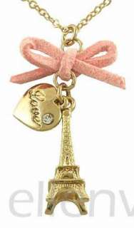 Paris Eiffel Tower Pink Bow Heart Pendant Necklace Jewelry Gold Tone 
