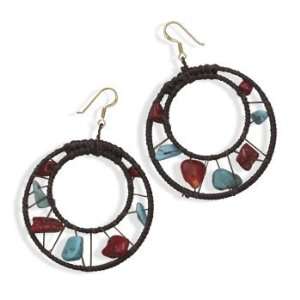Brown Crochet Fashion Earrings With Turquoise and Red Coral Chips The 