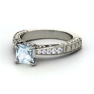  Megan Ring, Princess Aquamarine 14K White Gold Ring with White 
