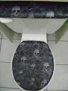 SKULLS & BONES BLACK GLITTER GLAM Fabric Toilet Seat Cover Set  