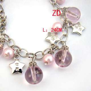   Pink Murano Glass Pearl Bead Star Link Charm Bracelet Fashion Jewelry
