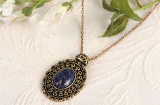   Lazuli Gemstone Antique Gold GP Pendant Chain Necklace gi92  