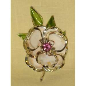   Silver w/ Pink Rhinestone Flower Power Enamel Brooch Pin (not signed