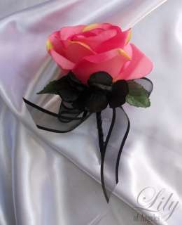 rose accented with black hydrangeas decorated with black satin bow