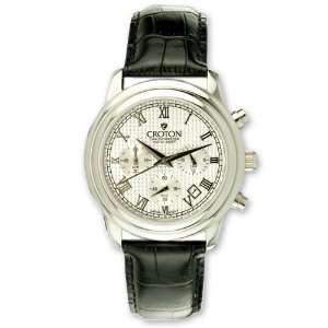   Croton Mens Silver Dial Black Leather Band Chronograph Watch Jewelry