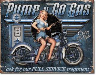 Pump Go Gas Motorcylcle Gas Station Tin Sign Pinup Girl  