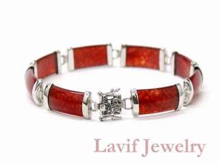 Rare coral red jade chinese silver bracelet {C186  