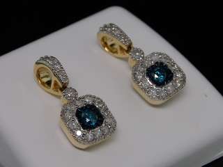 LADIES YELLOW GOLD .66 CT BLUE SOLITAIRE WHITE DIAMOND DANGLE EARRINGS 