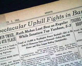 BABE RUTH Ends Careeer LAST GAME YANKEES 1934 Newspaper  