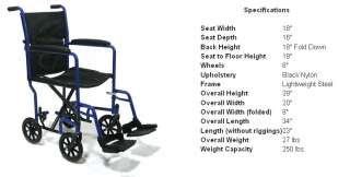 Lightweight Transport Wheelchair 18 Seat  Blue