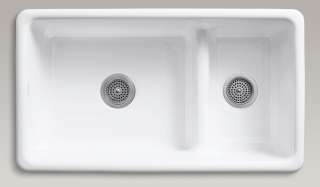 Double basin cast iron sink with medium and large bowls (white finish 