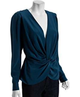 Chelsea Flower teal silk twisted drape front blouse   up to 70 