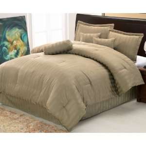  4Pcs King Taupe Cotton Stripe Reversible Comforter Set 