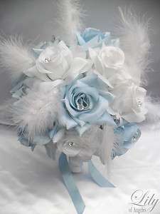 17pcs Wedding Bridal Bouquet Flowers BABY BLUE WHITE Bride Boutonniere 