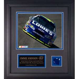  Jimmie Johnson Framed Photo with 2004 Race Used Metal 