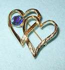 vintage rhinestone goldtone two hearts pin brooch 