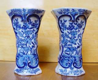 Nice Pair of Dutch Delft Vases Birds Ca. 1800 Marked  
