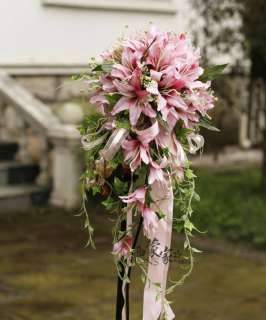   PINK ARTIFICIAL CASCADE SILK WEDDING BRIDAL LILY FLOWER BOUQUET  