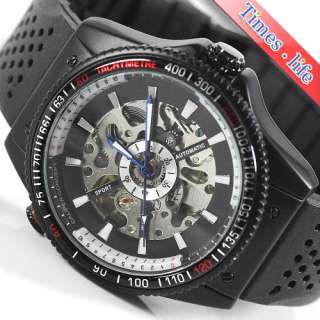  Skeleton Automatic Mechanical Men Watch Rubber Band Sport Style  