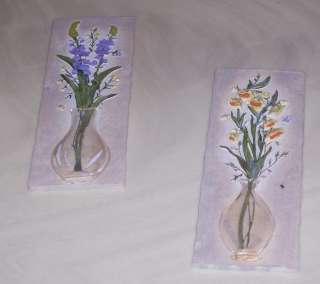 CARAMIC WALL HANGING 2 PLAQUES FLOWERS IN VASES 3D NICE  