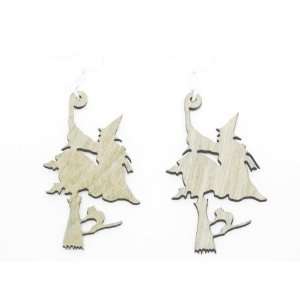  Natural Wood Witch on Broom Wooden Earrings GTJ Jewelry