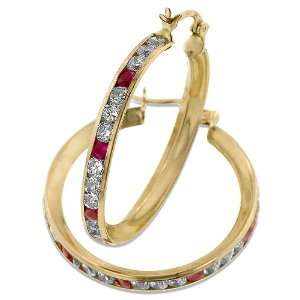 com 14k Yellow Gold Hoop Earrings w/ Ruby Red & White Round Swarovski 