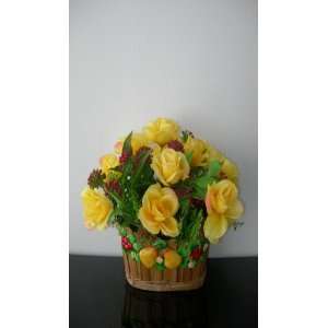  Yellow Rose Silk Floral Arrangement In Fruit Themed Wicker 