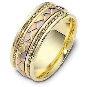 9mm Wide Woven Style Tri Color 14 Karat Gold Wedding Band Ring 
